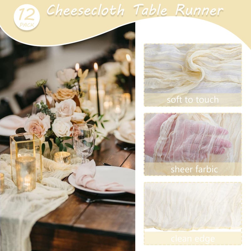 Fivenl 12 Pack 10Ft Cheesecloth Table Runner 35x120 Inch Boho Gauze Rustic Cheese Cloth Long Romantic Table Runner for Wedding Bridal Shower Birthday Party Table Decor (Beige) - Image 4