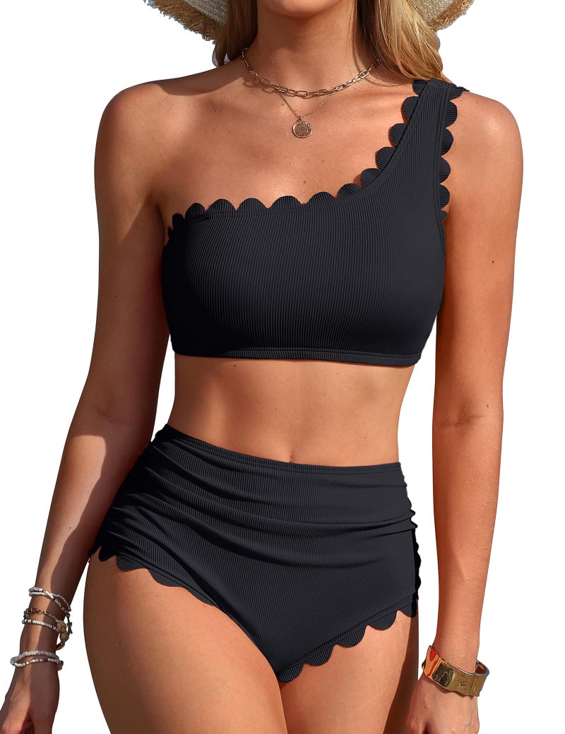 Charmo Women's High Waisted Bikini Sets One Shoulder Two Piece Swimsuit Ribbed Tummy Control Bathing Suit Scalloped Black L - Image 1