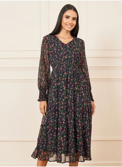 Ditsy Floral Print Smocked Waist Midi Dress