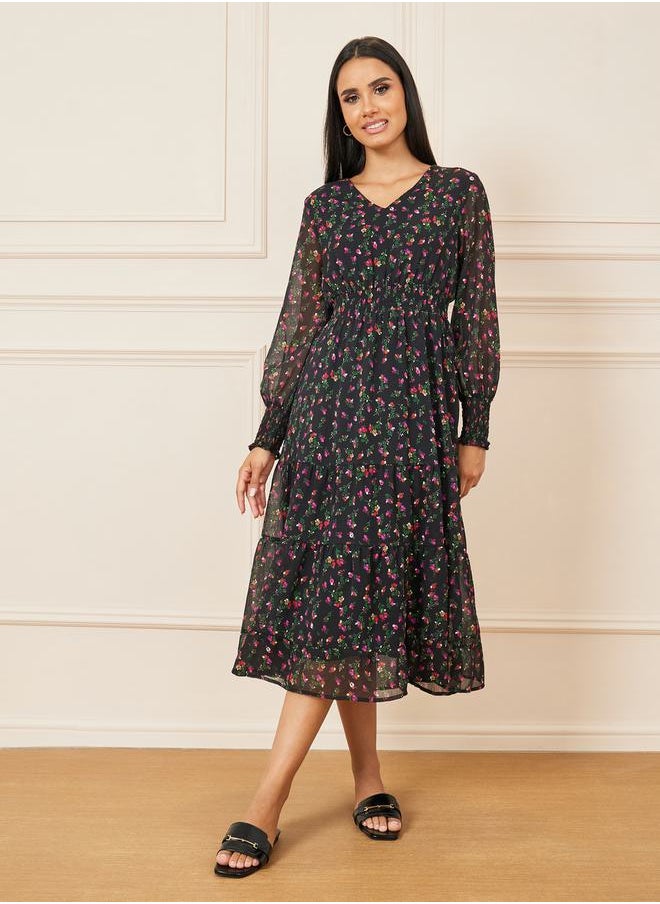 Styli - Ditsy Floral Print Smocked Waist Midi Dress - Image 1