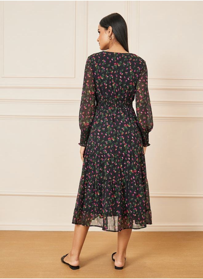 Styli - Ditsy Floral Print Smocked Waist Midi Dress - Image 1