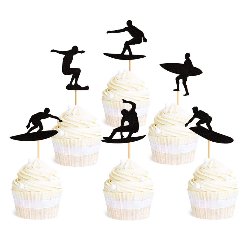 Ercadio 24 Pack Surfing Cupcake Toppers Black Glitter Surfboard Sport Cupcake Picks Surf Theme Baby Shower Kids Birthday Party Cake Decorations Supplies - Image 1