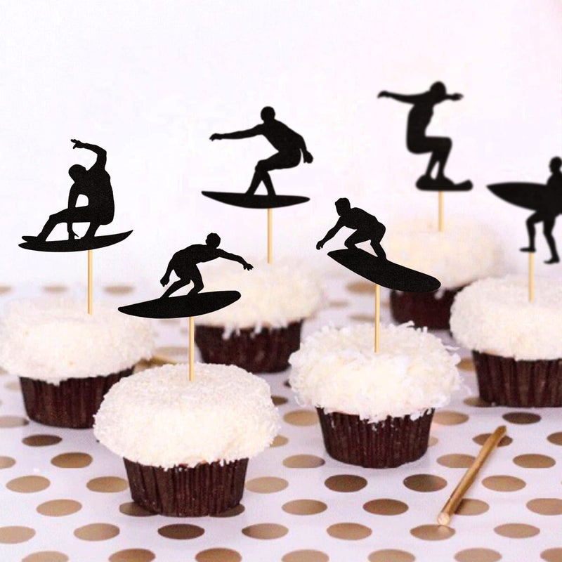 Ercadio 24 Pack Surfing Cupcake Toppers Black Glitter Surfboard Sport Cupcake Picks Surf Theme Baby Shower Kids Birthday Party Cake Decorations Supplies - Image 4