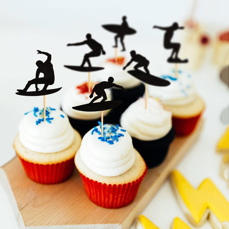 Ercadio 24 Pack Surfing Cupcake Toppers Black Glitter Surfboard Sport Cupcake Picks Surf Theme Baby Shower Kids Birthday Party Cake Decorations Supplies - Image 5