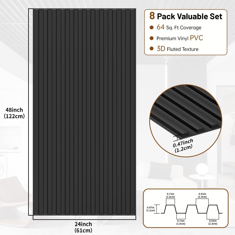 RITOLLO 8-Pack PVC Slat Wall Panels for Interior Wall Decor, 24x48in 3D Fluted Panels, 2x4 FT Cuttable Drop Ceiling Tiles for Bathroom, Studio and TV Background, Water-Proof & Renter-Friendly(Black) - Image 2
