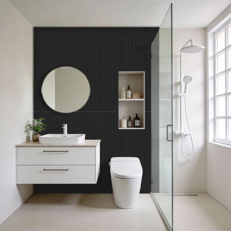 RITOLLO 8-Pack PVC Slat Wall Panels for Interior Wall Decor, 24x48in 3D Fluted Panels, 2x4 FT Cuttable Drop Ceiling Tiles for Bathroom, Studio and TV Background, Water-Proof & Renter-Friendly(Black) - Image 4