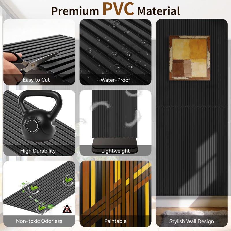 RITOLLO 8-Pack PVC Slat Wall Panels for Interior Wall Decor, 24x48in 3D Fluted Panels, 2x4 FT Cuttable Drop Ceiling Tiles for Bathroom, Studio and TV Background, Water-Proof & Renter-Friendly(Black) - Image 5