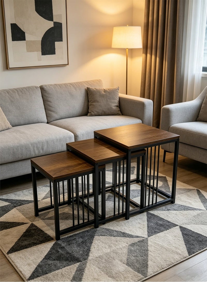 POWER 3PCS Nesting Side Tables Set Wooden Top Metal Frame Stackable Small Coffee Tables for Living Room Bedroom Sofa Space Saving End Tables Easy Assembly - Image 1