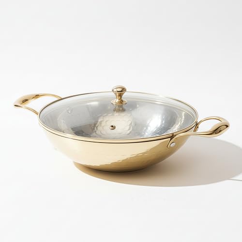 P-TAL Brass Kadhai 3L with Insulated Heat-Resistant Handle and Glass Lid | 100% Pure Brass Tin Coated Kadai for Cooking | Non-Stick and Chemical-Free (Free 30ml Copper & Brass Cleaning Solution) - Image 1