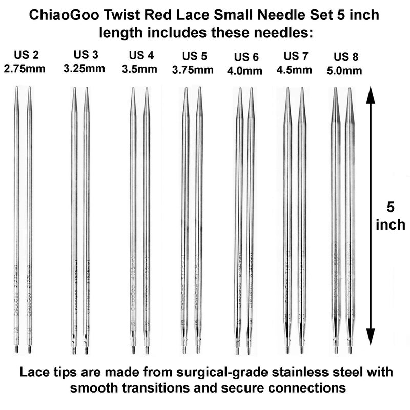 ChiaoGoo Twist Red Lace 5-Inch Small 7500-S Interchangeable Circular Knitting Needle Set, Sizes US 2, 3, 4, 5, 6, 7, 8, Stainless Steel with 3 Cords with Project Bag - Image 3