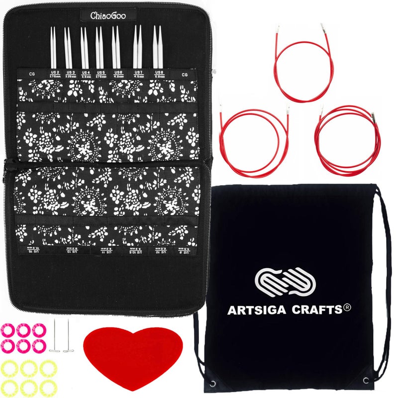 ChiaoGoo Twist Red Lace 5-Inch Small 7500-S Interchangeable Circular Knitting Needle Set, Sizes US 2, 3, 4, 5, 6, 7, 8, Stainless Steel with 3 Cords with Project Bag - Image 1