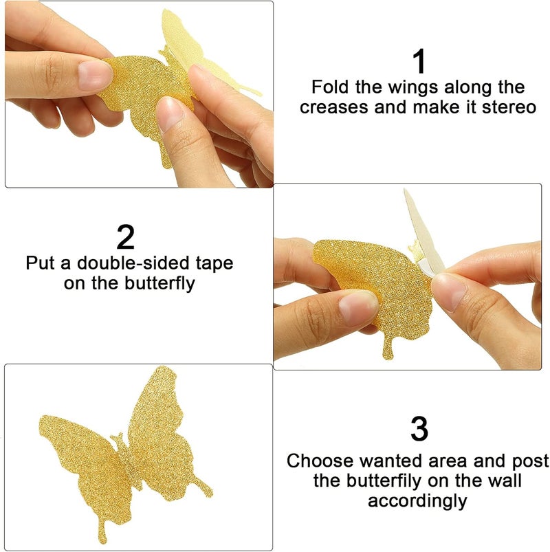 BBTO 48 Pieces Butterfly Wall Decor DIY Mirror 3D Butterfly Stickers Removable Decals for Home Bedroom School Bathroom Living Room Decor(Glitter Gold) - Image 3
