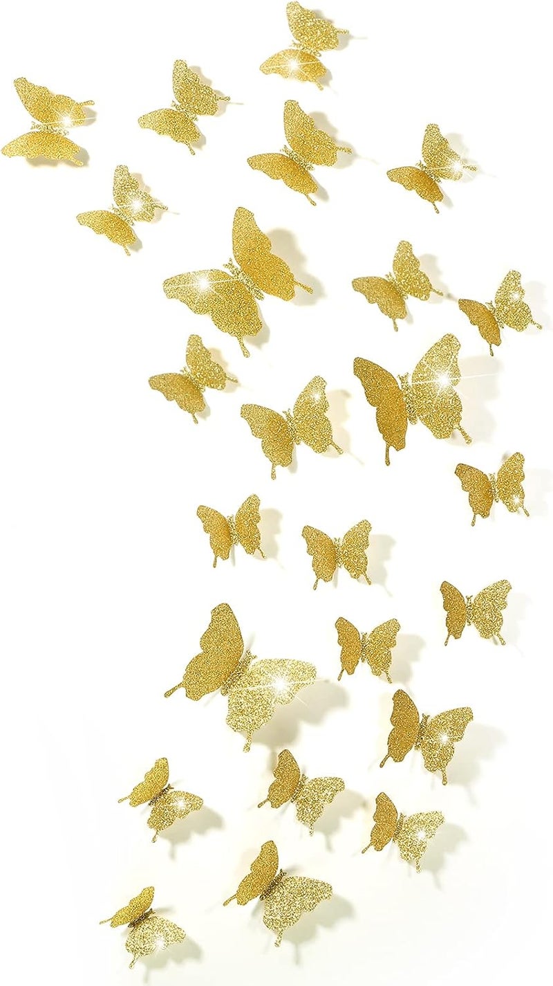 BBTO 48 Pieces Butterfly Wall Decor DIY Mirror 3D Butterfly Stickers Removable Decals for Home Bedroom School Bathroom Living Room Decor(Glitter Gold) - Image 1