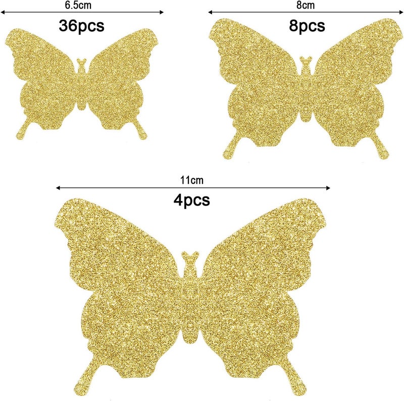 BBTO 48 Pieces Butterfly Wall Decor DIY Mirror 3D Butterfly Stickers Removable Decals for Home Bedroom School Bathroom Living Room Decor(Glitter Gold) - Image 2