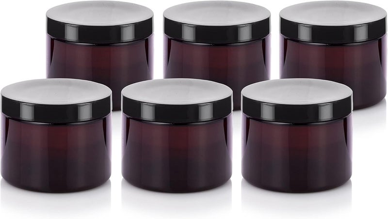 جوفايتوس 6 أونصات زجاجة بلاستيكية كهرمانية (خالية من BPA) وعاء منخفض الارتفاع قابل لإعادة التعبئة (عبوة 6) حاويات تخزين فارغة قابلة لإعادة التعبئة (أغطية سوداء)