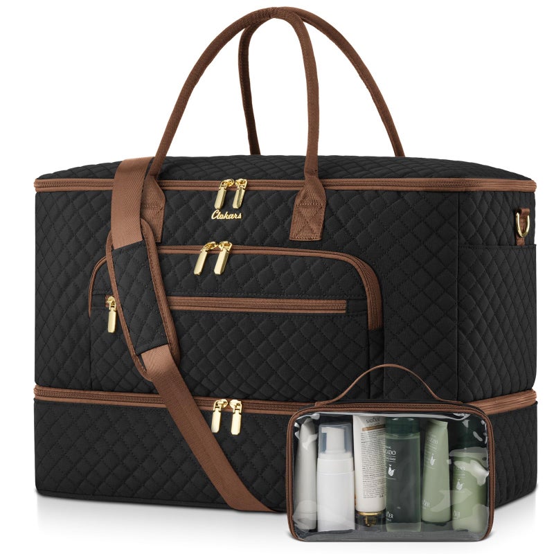 CLOKARS Travel Duffle Bag, Wide Open Large Weekender Bag for Women with Shoe Compartment, Carry on Overnight Bags with Toiletry Bag, Hospital Bag for Women Labor Delivery with Wet Pocket (Black Brown) - Image 1