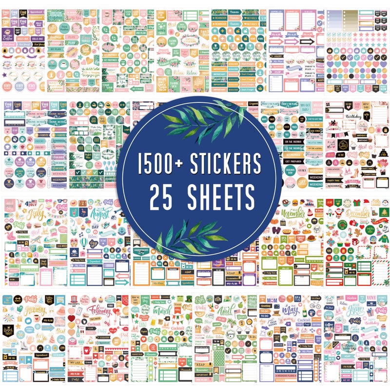 Vondafe Planner Stickers - Monthly Planner Stickers and Accessories 25 Pages 1500+ Stunning Functional and Colorful Stickers,Calendar Stickers Includes Festival Theme Journal Stickers - Image 1