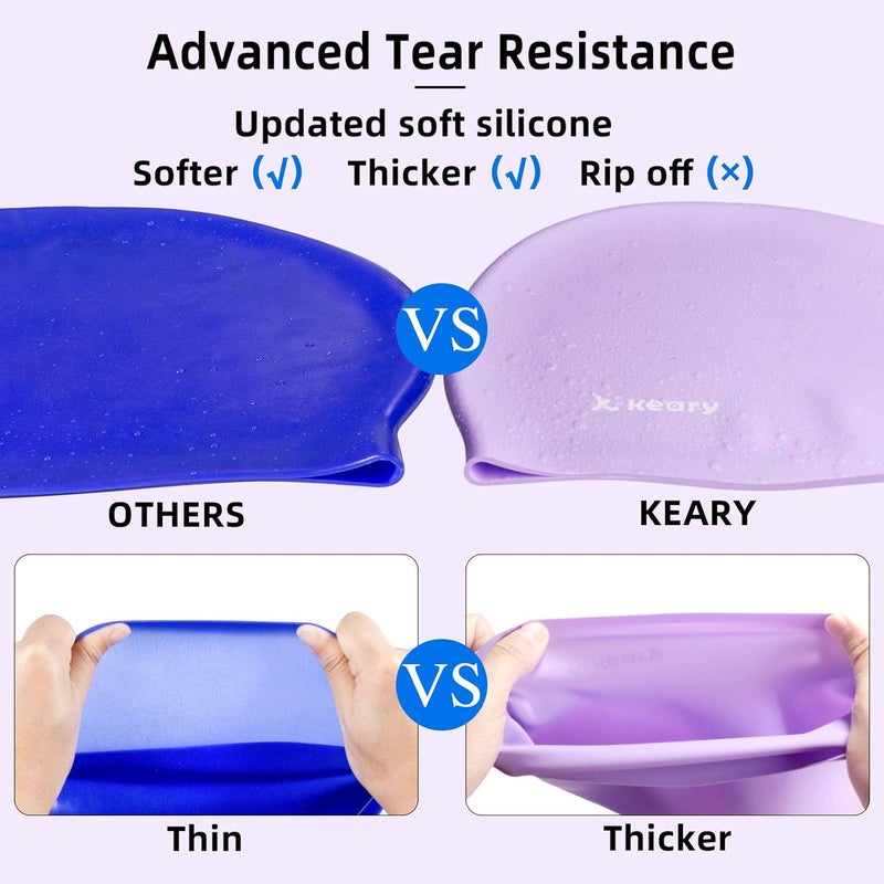 Keary 2 Pack Updated Silicone Swim Cap for Long Hair Women Girl Waterproof Bathing Pool Swimming Cap Cover Ears to Keep Your Hair Dry, 3D Soft Stretchable Durable and Anti-Slip, Easy to Put On and Off - Image 5