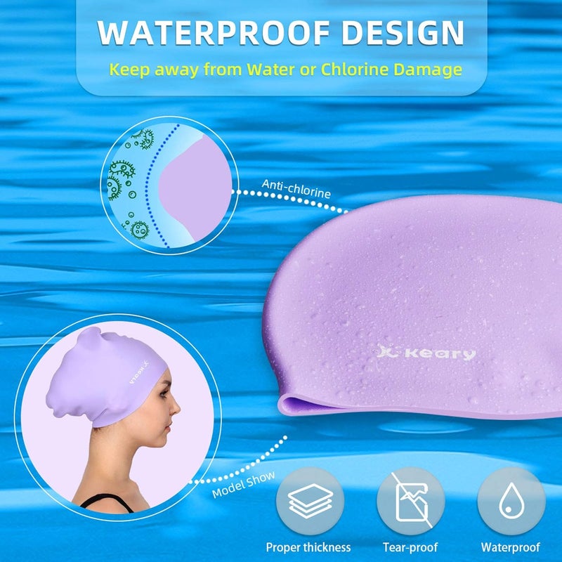 Keary 2 Pack Updated Silicone Swim Cap for Long Hair Women Girl Waterproof Bathing Pool Swimming Cap Cover Ears to Keep Your Hair Dry, 3D Soft Stretchable Durable and Anti-Slip, Easy to Put On and Off - Image 4