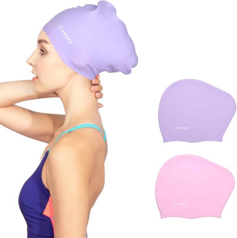 Keary 2 Pack Updated Silicone Swim Cap for Long Hair Women Girl Waterproof Bathing Pool Swimming Cap Cover Ears to Keep Your Hair Dry, 3D Soft Stretchable Durable and Anti-Slip, Easy to Put On and Off - Image 1