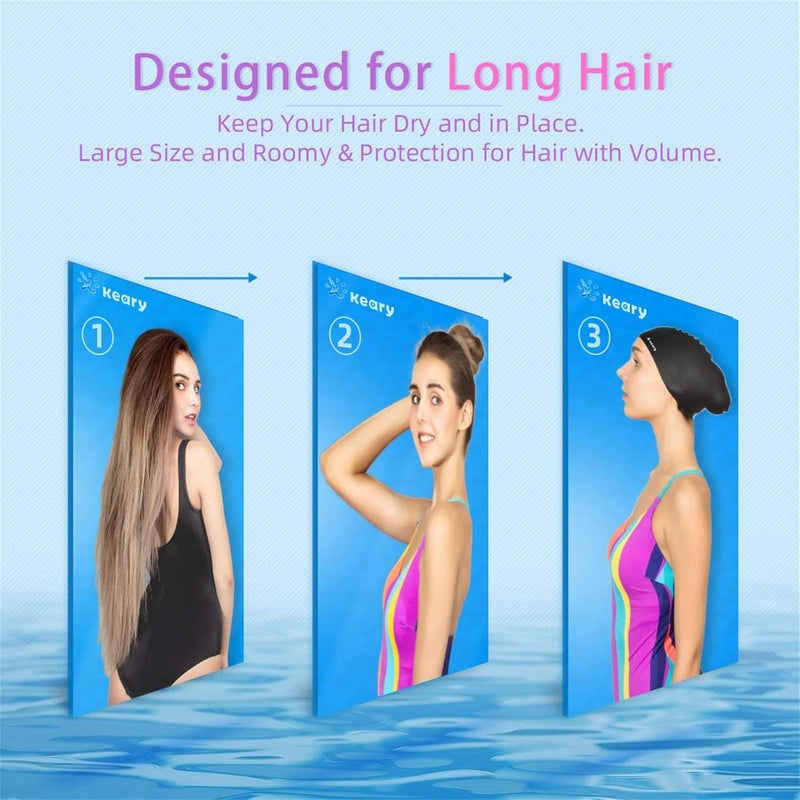 Keary 2 Pack Updated Silicone Swim Cap for Long Hair Women Girl Waterproof Bathing Pool Swimming Cap Cover Ears to Keep Your Hair Dry, 3D Soft Stretchable Durable and Anti-Slip, Easy to Put On and Off - Image 2