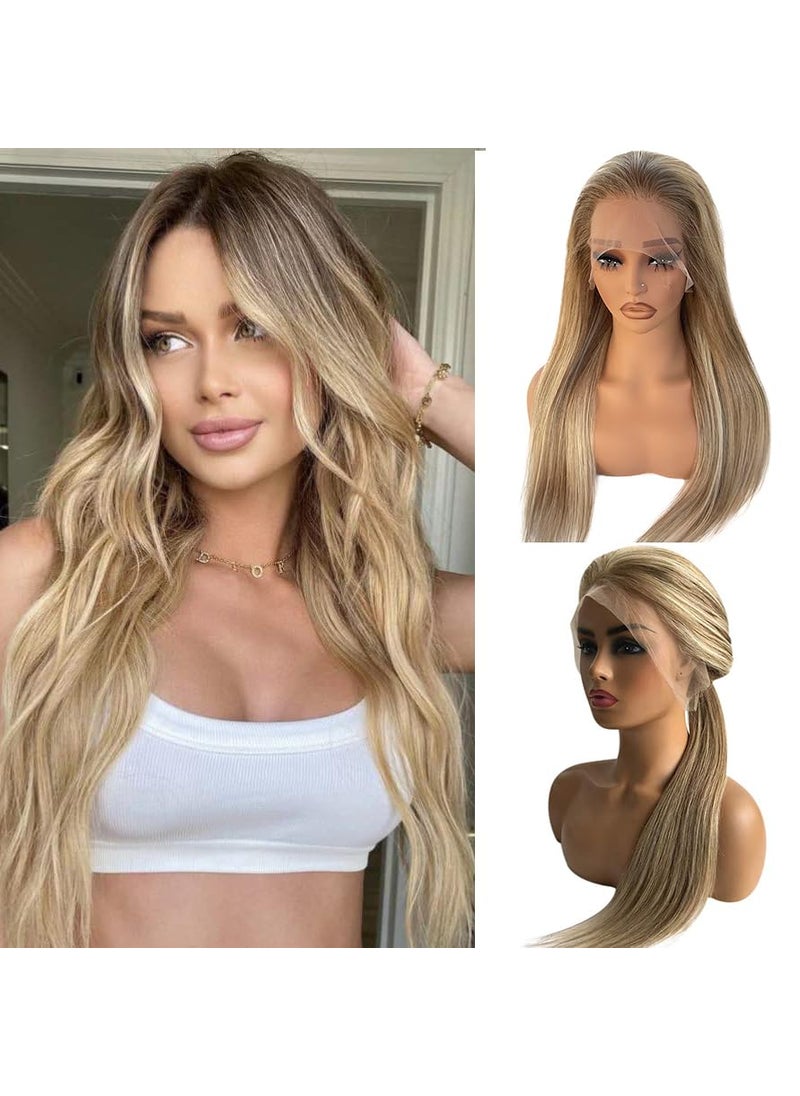Smartinnov - Ombre Blonde Highlights Wigs with Light Brown Roots 20 Inch Balayage Platinum Blonde Human Hair Lace Front Wigs 13x4 HD Pre Plucked Glueless 150% Density Highlights 18/60 Ash Blonde Virgin Hair Wigs - Image 1