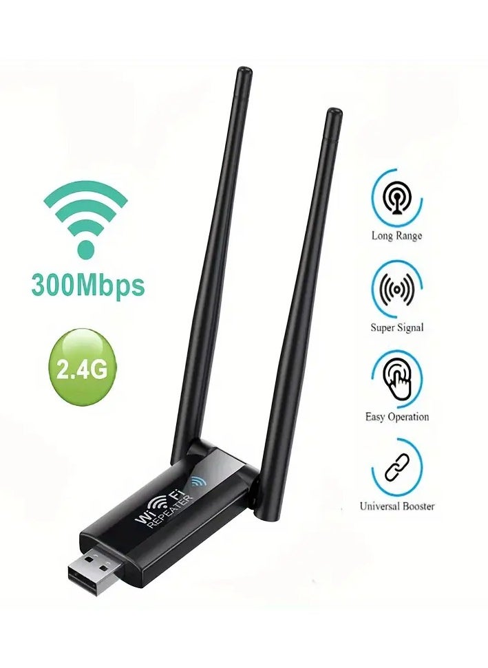 High-Power USB WiFi Repeater – 300Mbps Wireless Signal Extender with Dual Antennas – Long-Range WiFi Booster for Home & Office  - Image 1