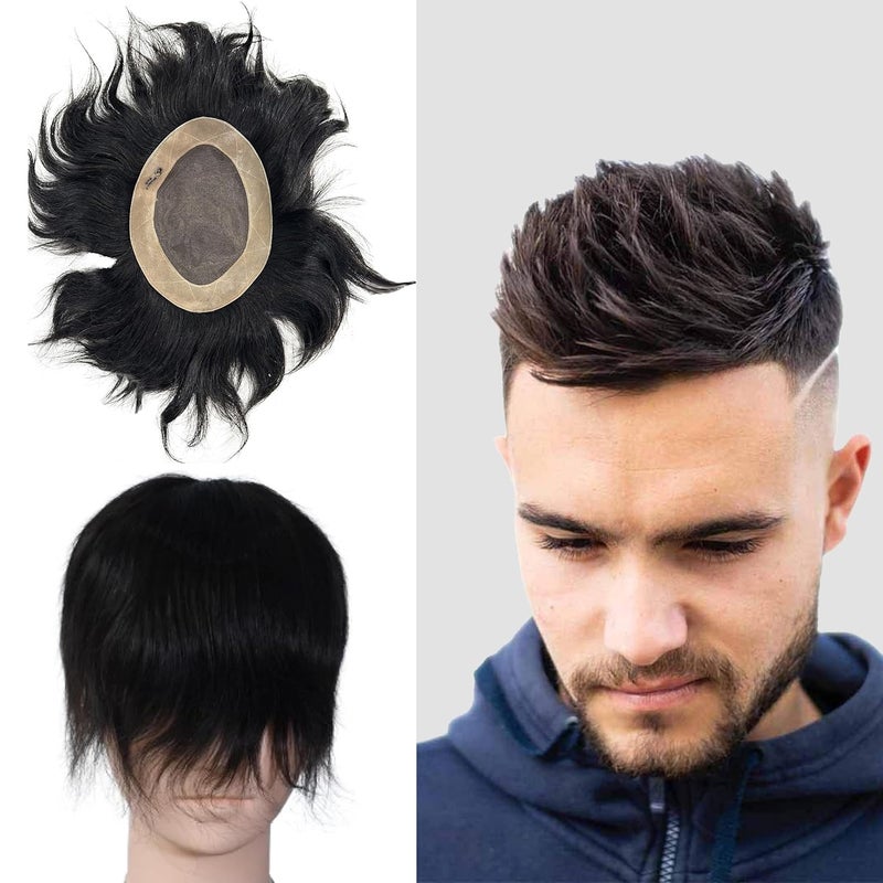 Woolip Hair patch for men, Hair wig for men, Monofilament, 100% natural human hair, Durable & Easy To Self-Service, Men, Pack of 1 (Black) (7x5) - Image 1