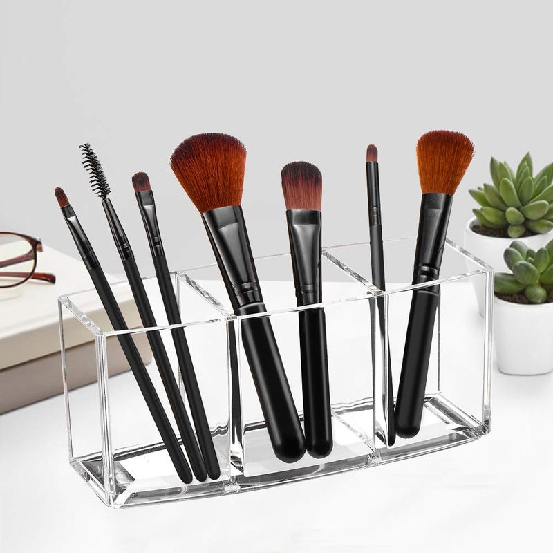 Watpot Acrylic Makeup Brush Organizer Holder Clear Cosmetic Brushes Storage with 3 Slots - Image 2