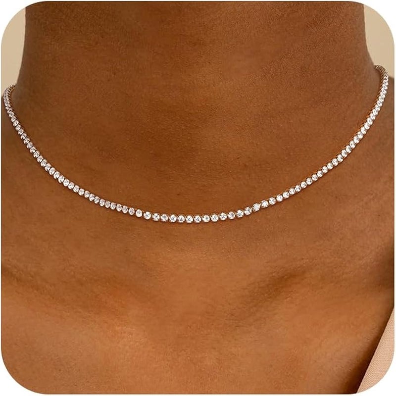 Robaice Tennis Necklace for Women, 14K Gold Plated/Silver Sparking Cubic Zirconia Tennis Chain, Dainty Rhinestone Choker Necklaces Jewelry for Women - Image 1