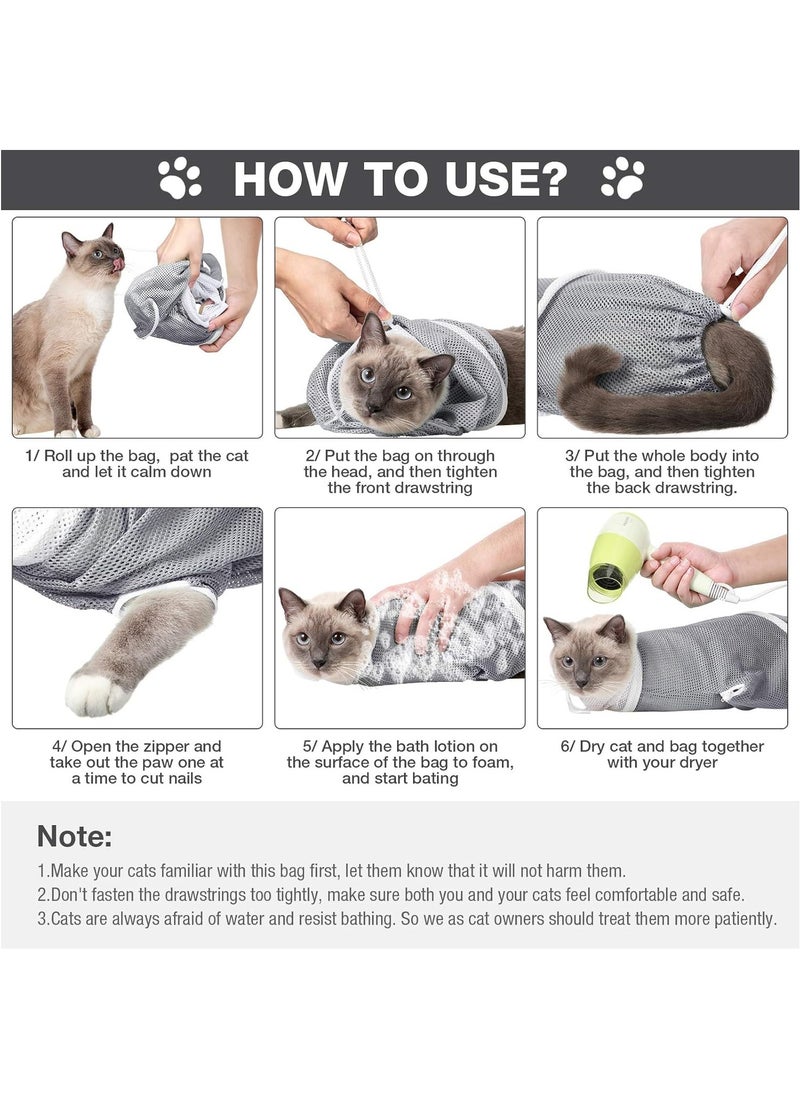 Cat Grooming Bag and Adjustable Breathable Cat Shower Net Bag Cat Scratch-Resistant Restraint Fixed Bag for Kitten Bathing Nail Trimming Feedin(Grey)