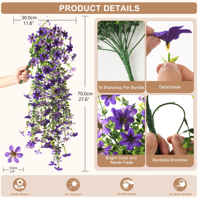 ZFProcess Artificial Hanging Flowers for Outdoors, 2 Pcs Fake Hanging Flowers Spring Summer Decor, UV Resistant Faux Artificial Outdoor Plants for Planter Front Door Porch Patio Garden Yard(Gradient Purple) - Image 2
