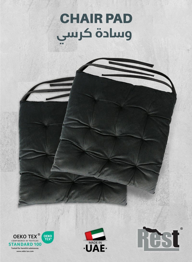 REST Pack of 2 Velvet Soft Chair Pad with Seat Ties Suitable for Garden , Kitchen and Office Chairs Indoor and Outdoor  Black 40x40cm - Image 1