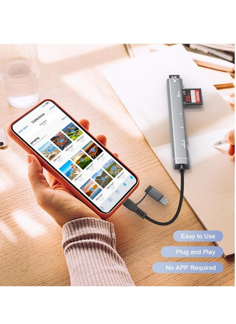 SD Card Reader for iPhone iPad, 5-in-1 For Lightning & USB C to Micro SD/SD Card Reader & USB OTG Adapter, Memory Card Reader with USB C Charging Port Compatible with iPhone 15/14/iPad