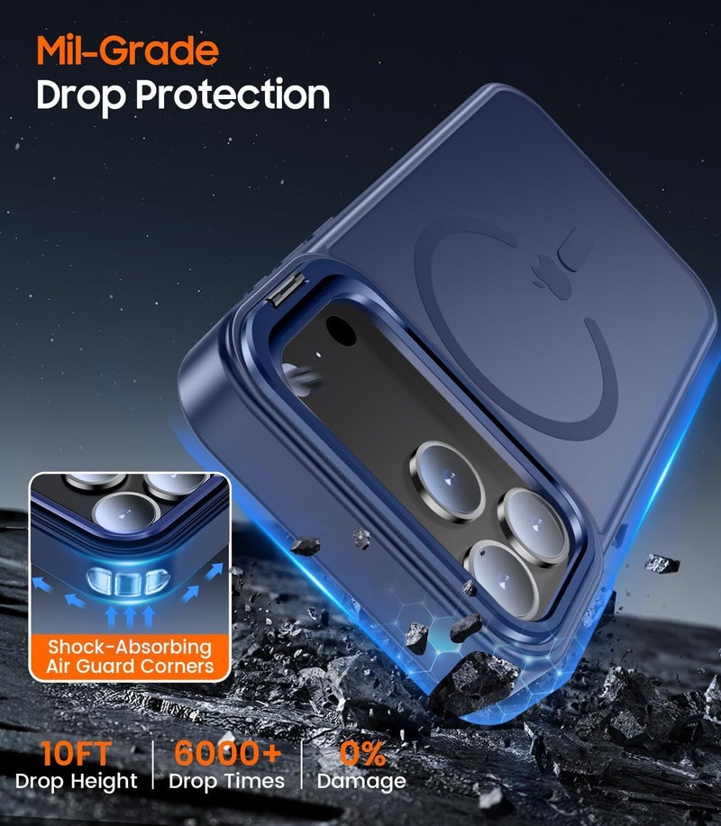 Elzzi Translucent Matte Kickstand Case for iPhone 17 Pro Max, Built-in Adjustable Camera Stand, Translucent Matte Magnetic Mag-Safe Shockproof Phone Cover (Blue) - Image 2