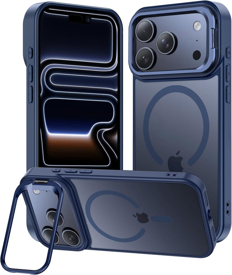 Elzzi Translucent Matte Kickstand Case for iPhone 17 Pro Max, Built-in Adjustable Camera Stand, Translucent Matte Magnetic Mag-Safe Shockproof Phone Cover (Blue) - Image 1