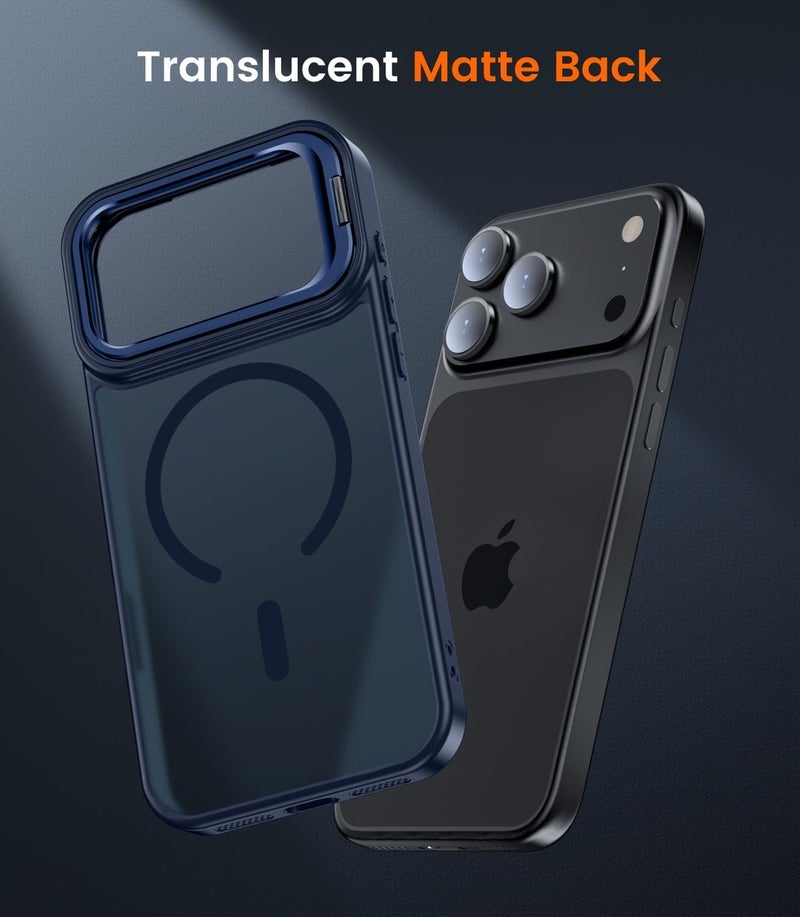 Elzzi Translucent Matte Kickstand Case for iPhone 17 Pro Max, Built-in Adjustable Camera Stand, Translucent Matte Magnetic Mag-Safe Shockproof Phone Cover (Blue) - Image 4