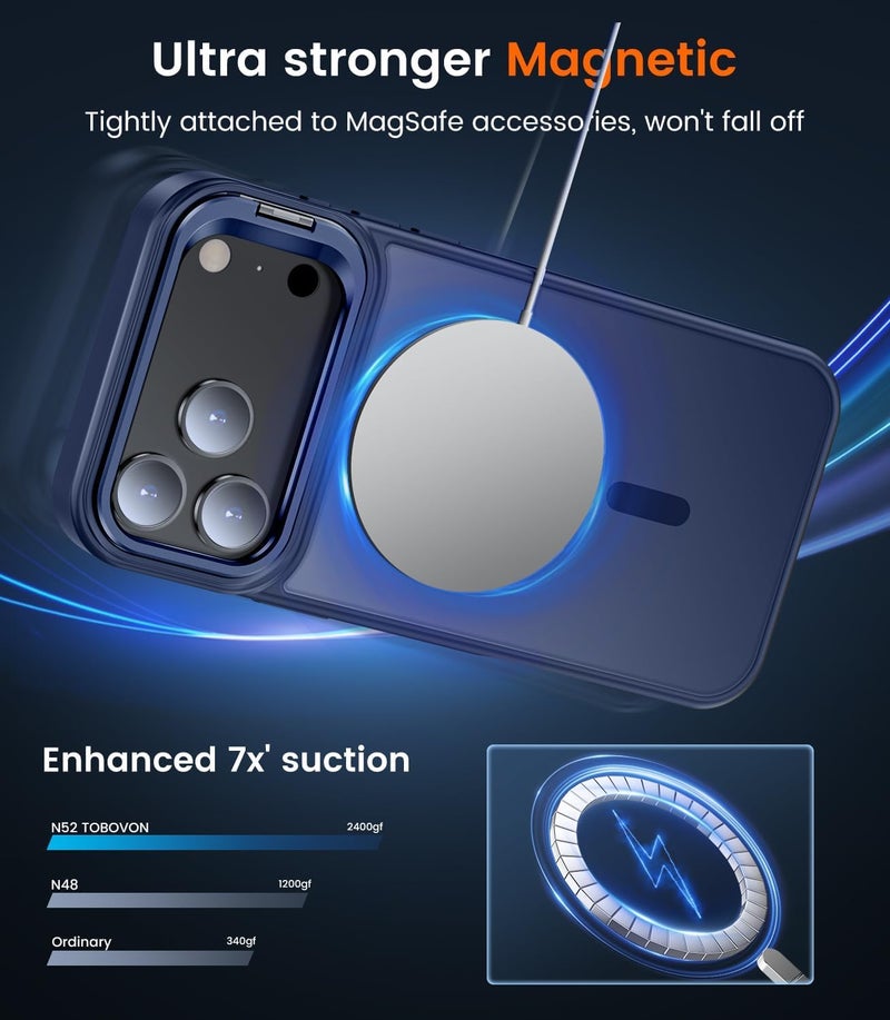 Elzzi Translucent Matte Kickstand Case for iPhone 17 Pro Max, Built-in Adjustable Camera Stand, Translucent Matte Magnetic Mag-Safe Shockproof Phone Cover (Blue) - Image 3