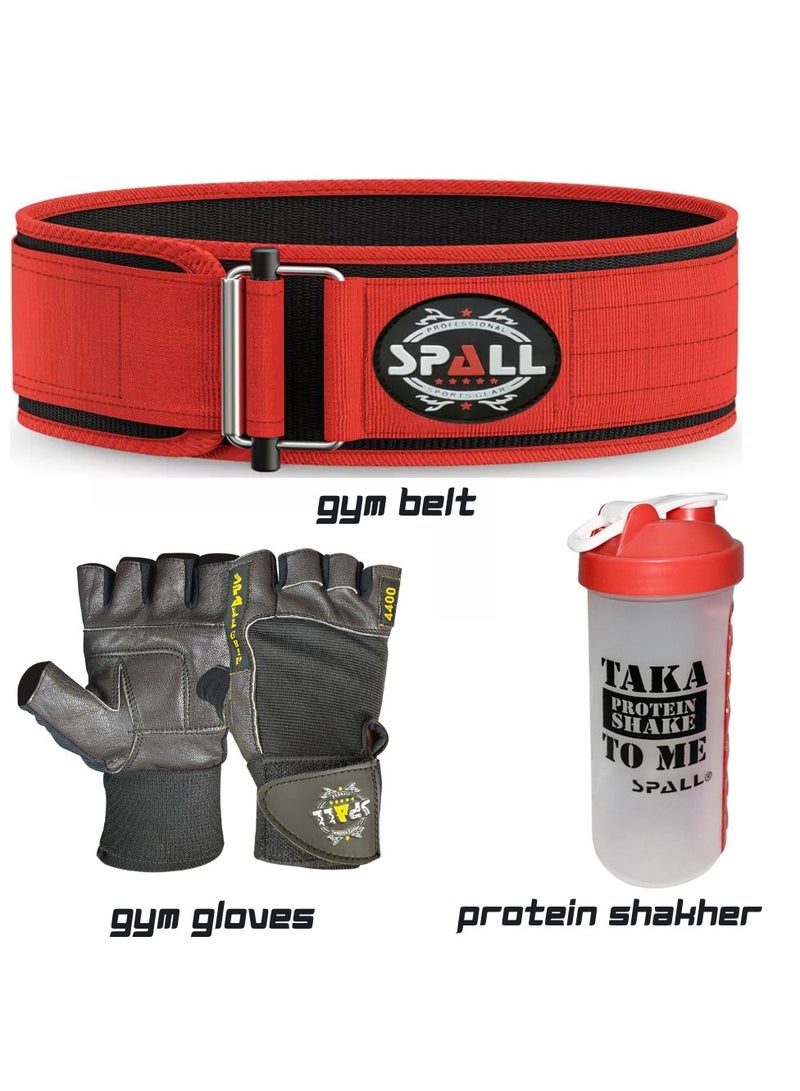 Spall Fitness Combo off Weightlifting Gym Belt, with Professional Gym Gloves & Protein Shaker Bottle Pill Holder  - Image 1