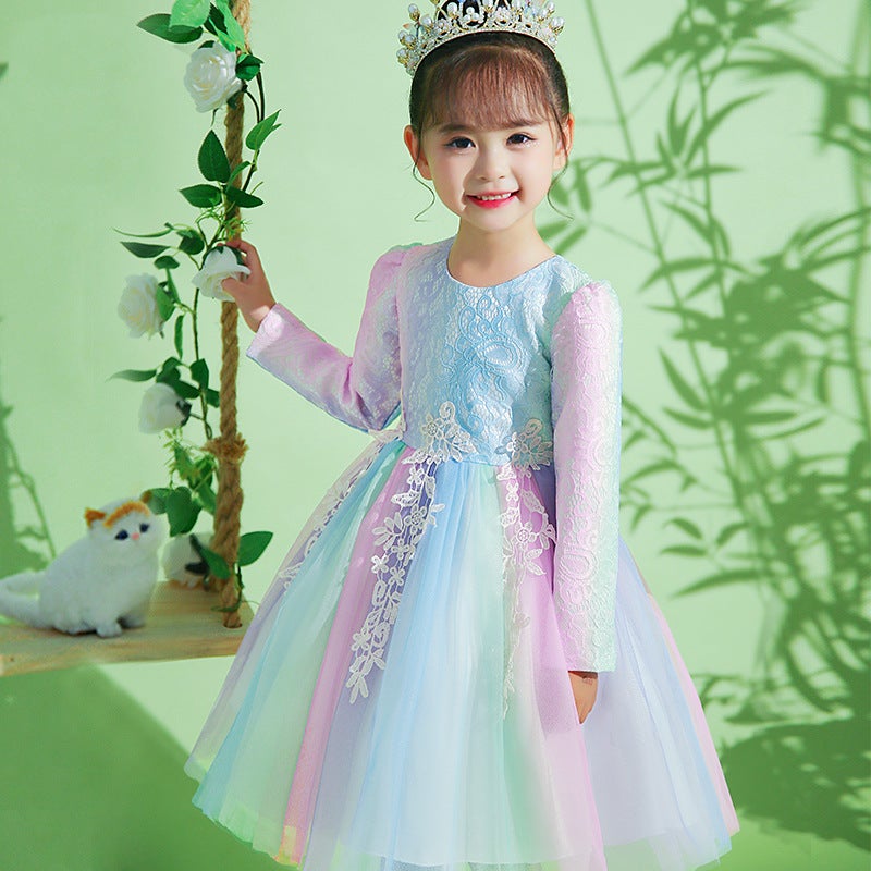 Girls Autumn Dress dress 2024 New Style Girls Long Sleeve Rainbow Princess Dress Birthday Tutu Dress for Autumn and Winter Rainbow gradient 
