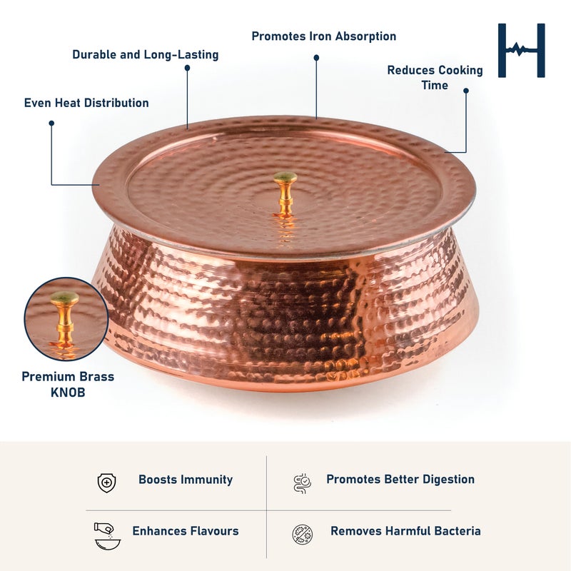 Healthsmith Healthsmith-100% Pure Handcrafted Copper Lagan Handi/Patila With Lid-Best Heat Conductivity-Proven Health Benefits & Harmless-Tin Coated & Lead-Free-Easy To Clean & Maintain-5L,2.25Kg,Red  - Image 2