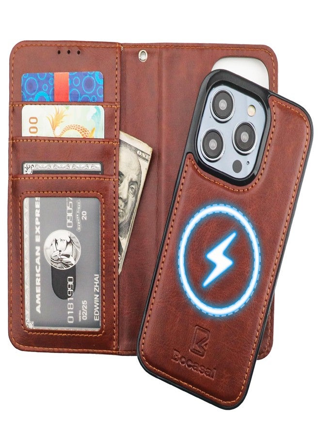 Bocasal for iPhone 14 Pro Wallet Case Compatible with MagSafe Wireless Charging, RFID Blocking Magnetic Leather Case with Card Slots Holder Kickstand Detachable Wrist Strap 6.1 Inch (Brown) - Image 1