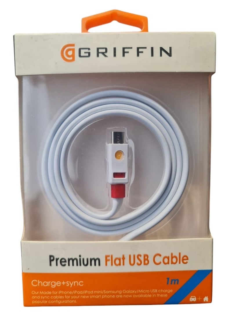 غريفين كابل مسطح بجودة فائقة لشحن سريع ونقل بيانات بمنفذ Micro الى USB - بطول 1 متر - ابيض، (هاتف ذكي، محول الشحن) 