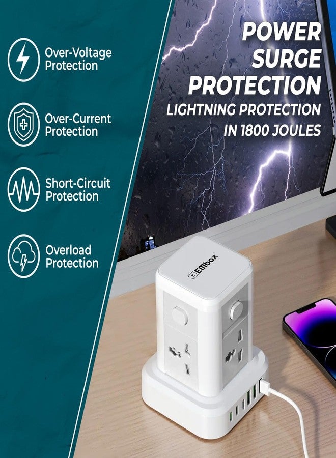 EMBOX لوحة تمديد Embox مزودة بمنفذ USB من النوع C | سلك تمديد بقدرة 2500 واط مع 4 مقابس عالمية و6 منافذ USB (3 من النوع A + 3 من النوع C) | لوحة تمديد مزودة بمفاتيح، وواقي من زيادة التيار، وغطاء أمان، ومؤشر LED - Image 4