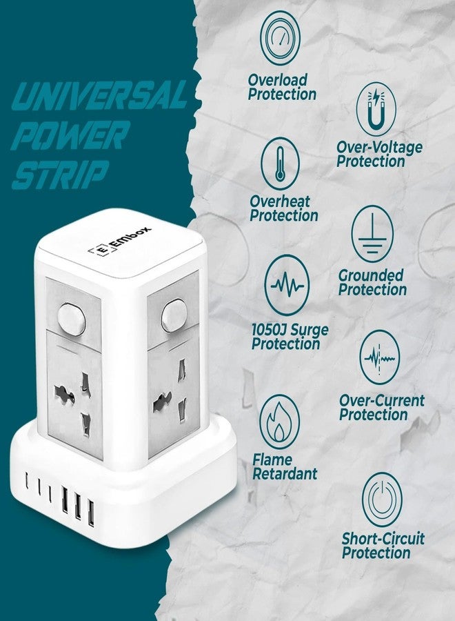 EMBOX لوحة تمديد Embox مزودة بمنفذ USB من النوع C | سلك تمديد بقدرة 2500 واط مع 4 مقابس عالمية و6 منافذ USB (3 من النوع A + 3 من النوع C) | لوحة تمديد مزودة بمفاتيح، وواقي من زيادة التيار، وغطاء أمان، ومؤشر LED - Image 5
