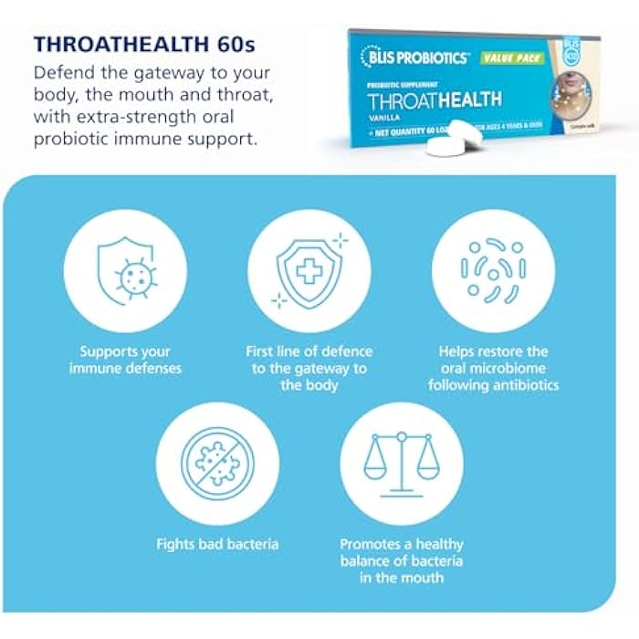 BLIS ThroatHealth Oral Probiotics K12 - Immune & Throat Support, Vanilla - 60 Lozenges, 2.5 Billion CFU - Image 2