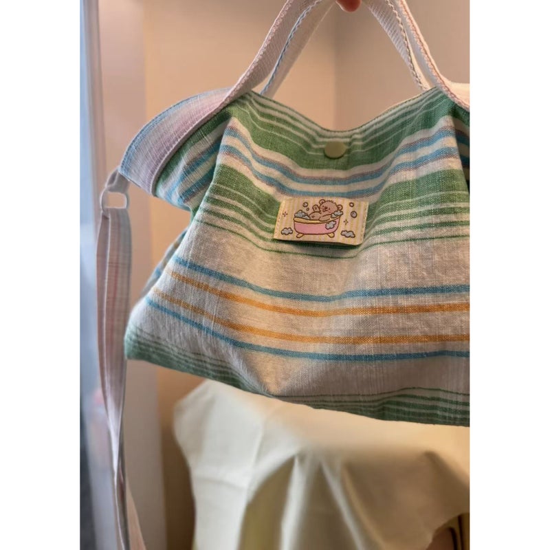 Striped Canvas Tote Bag with Color Block - Image 3