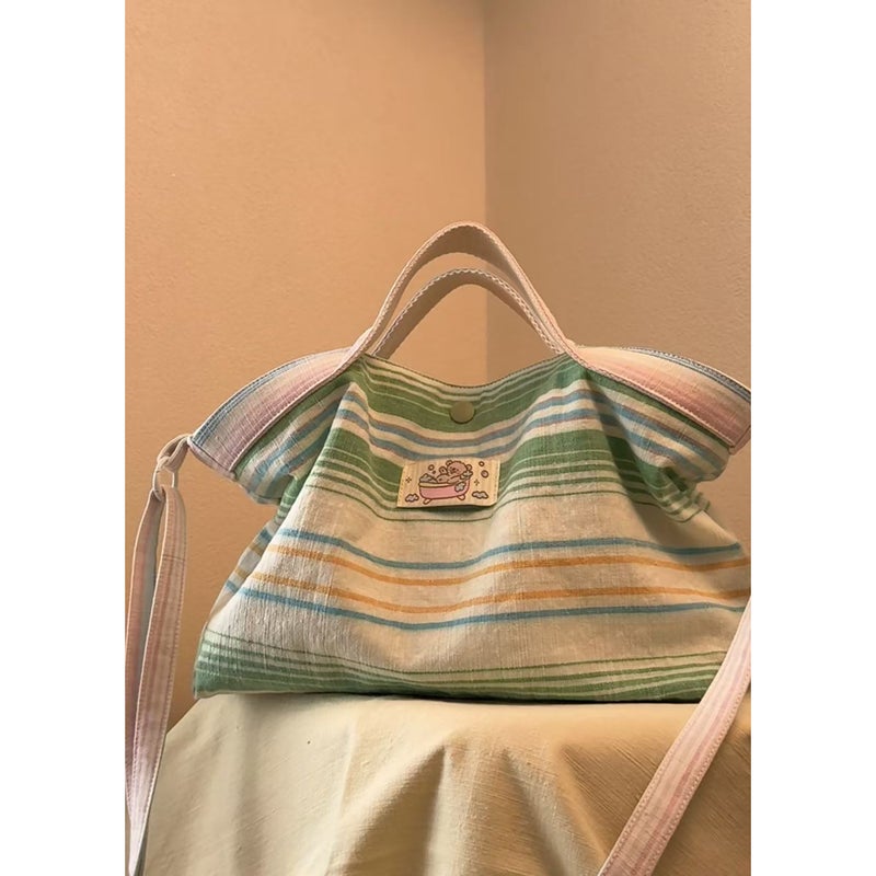 Striped Canvas Tote Bag with Color Block - Image 2
