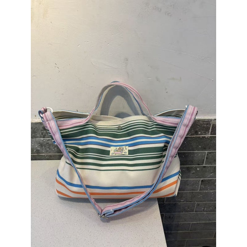 Striped Canvas Tote Bag with Color Block - Image 1