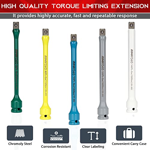 RIMKOLO 1/2" Drive Torque Limiting Extension Bar Set, 5-Piece Impact Torque Limiter Set with 8 Inch Color-Coded CR-MO Torque Sticks 65 to 140 Ft-Lbs for Locking Lug Nuts - Image 5
